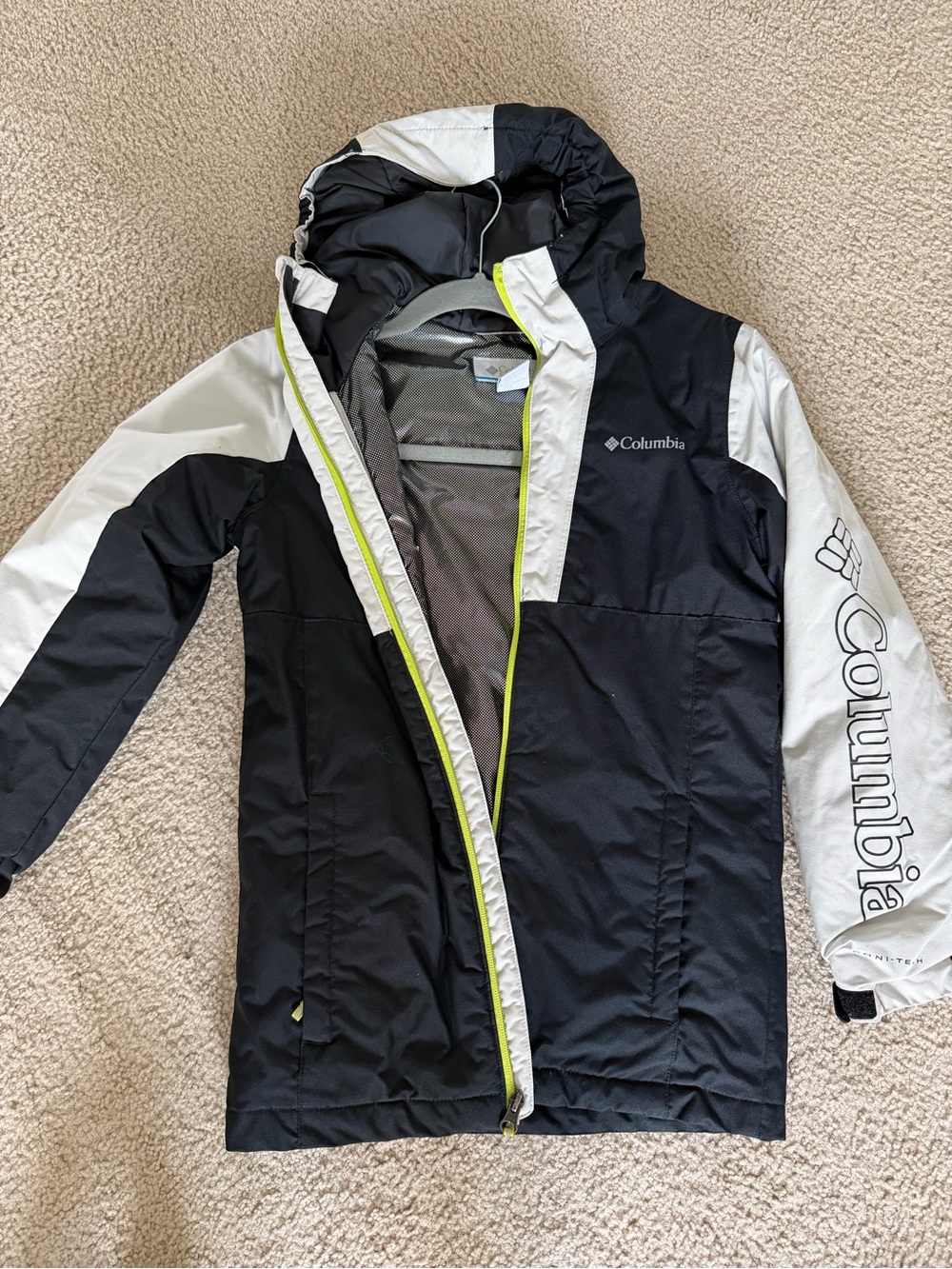Columbia Kids Black & White Hooded Raincoat with Lime Trim